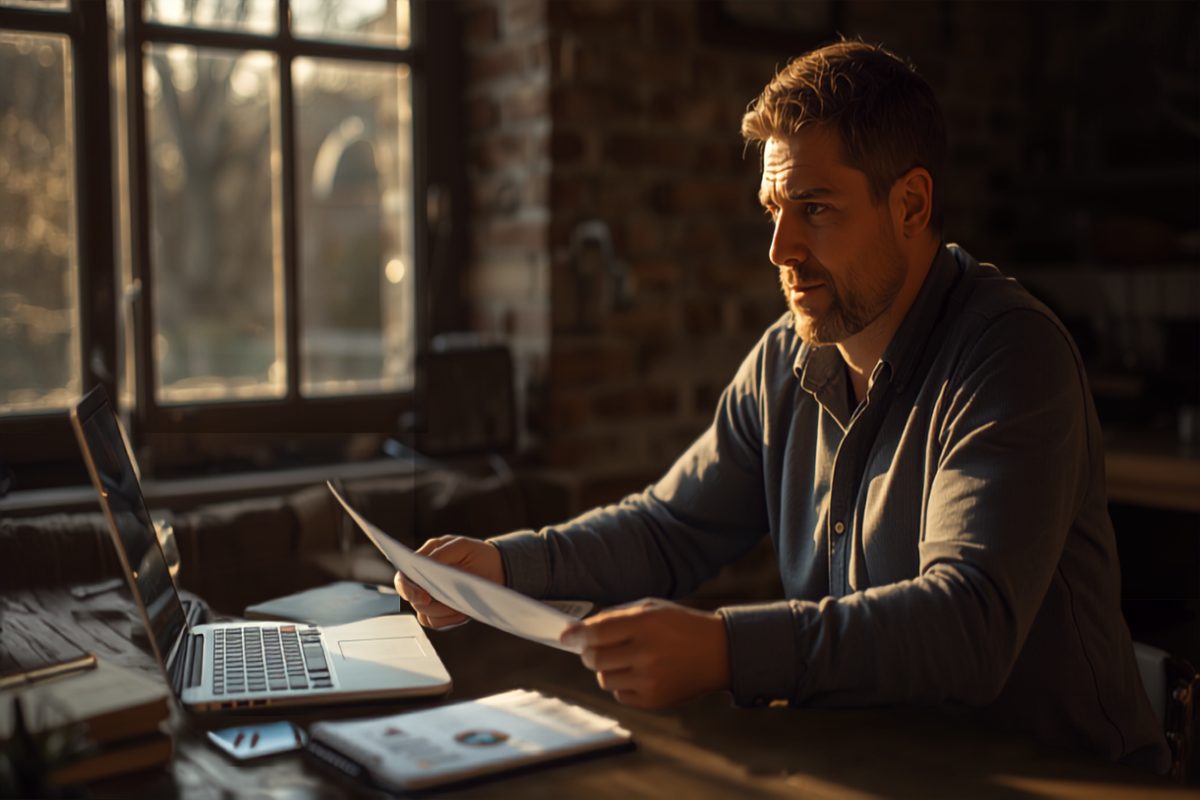 Small business owner reviewing financial projections and funding options at a desk in warm window light