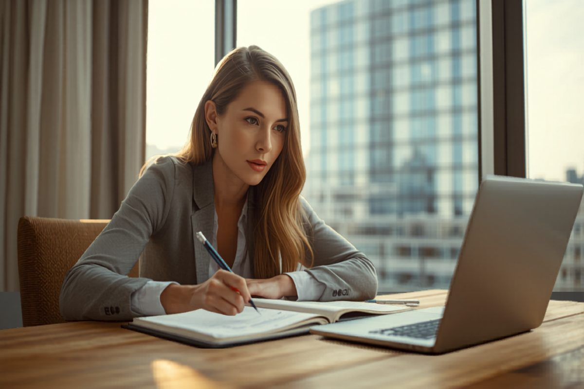 Small business owner working intently at a desk by a window, mapping out a focused strategy on paper while a larger office building is visible in the background, in warm afternoon light