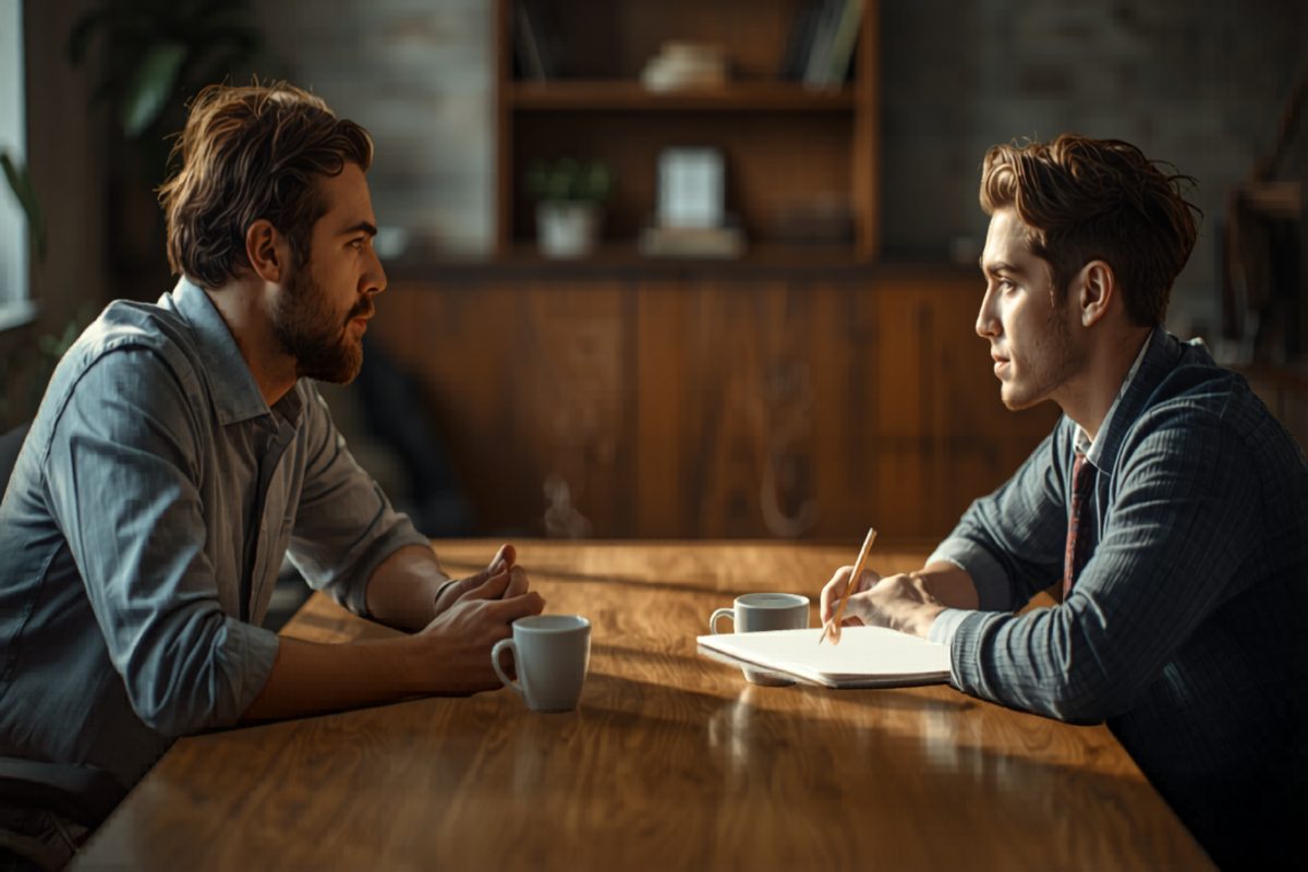 Small business owner and an employee in a calm but serious one-on-one conversation across a wooden table in warm afternoon window light