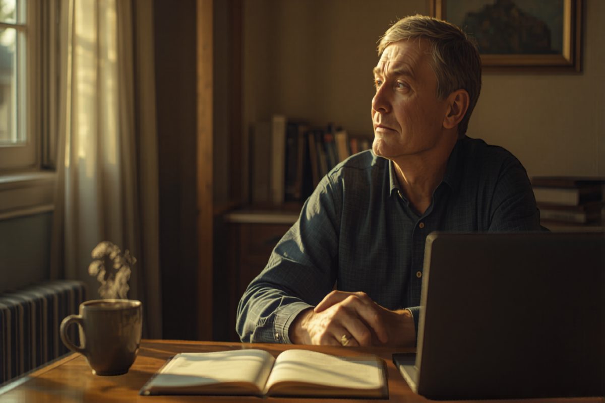 Small business owner sitting at a wooden desk looking out a window with a closed laptop and notebook, thinking about the future of the business in warm afternoon light