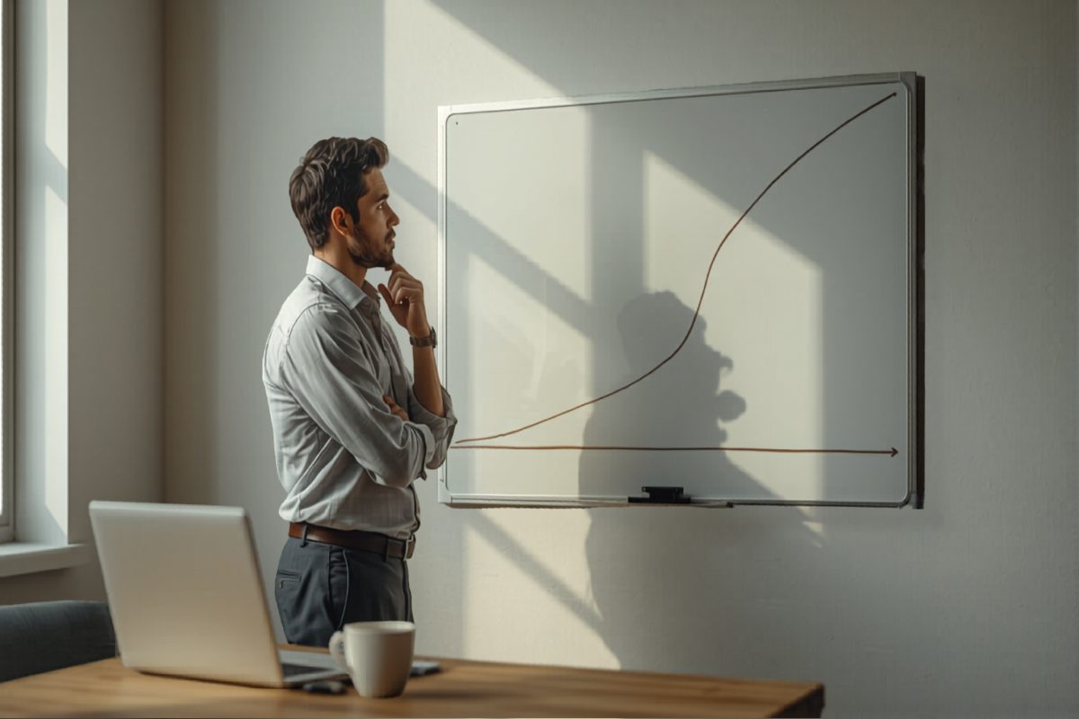 Small business owner standing at a whiteboard studying a flat-lined growth chart, one hand on chin, deep in thought in warm window light
