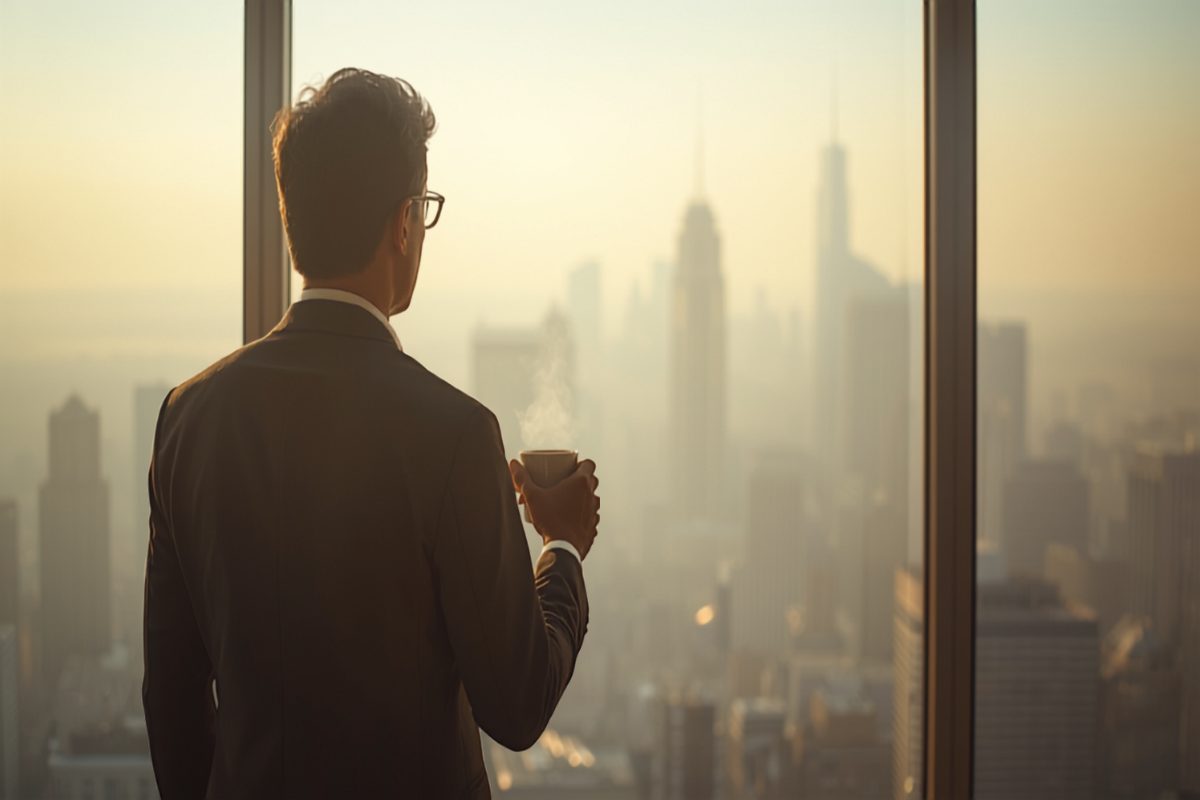 Small business owner standing at a large office window with a coffee mug, looking out at a fog-shrouded city skyline while weighing a decision in warm morning light