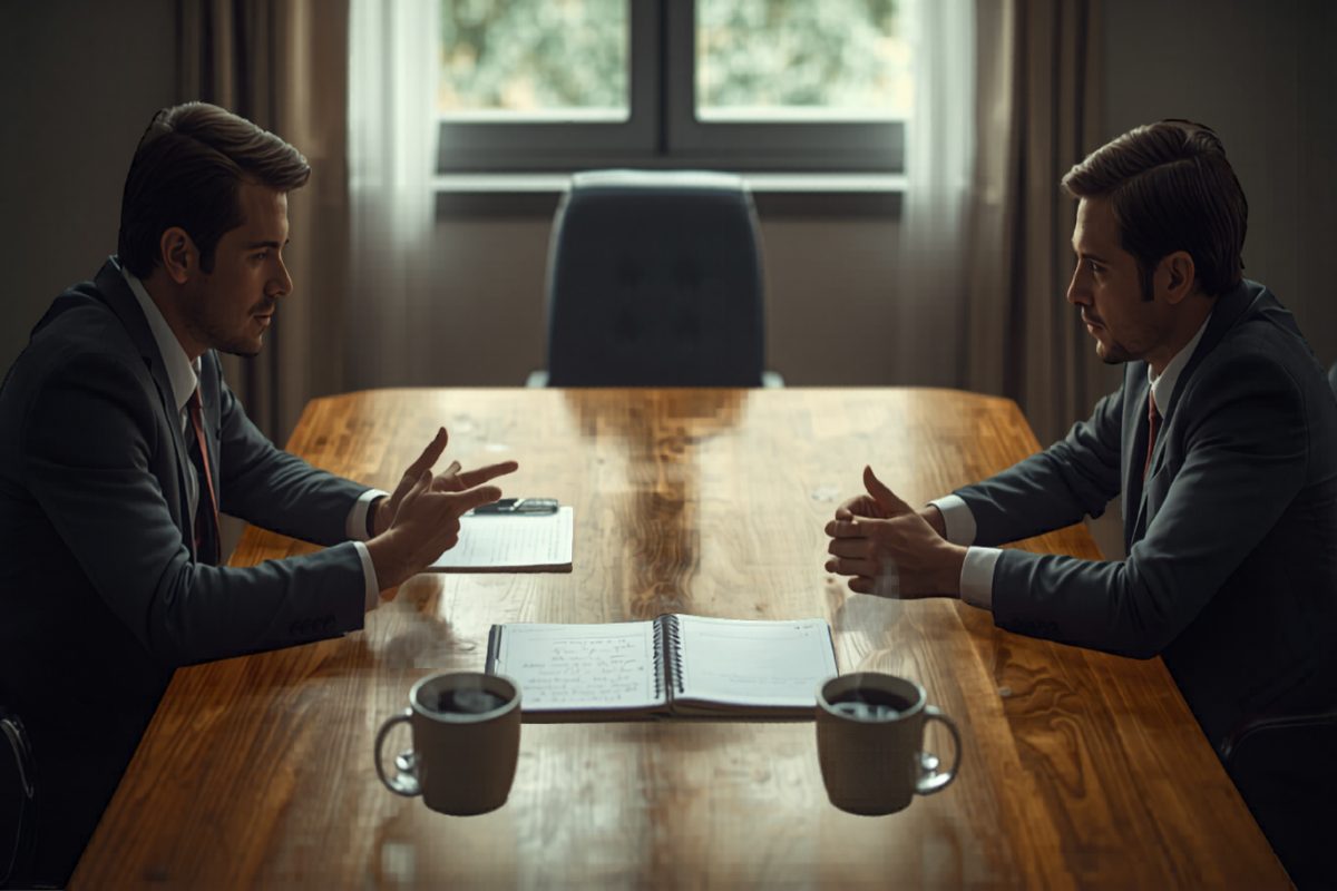 Two business partners sitting across a wooden conference table in a tense but composed conversation, with a notebook and coffee between them in warm window light