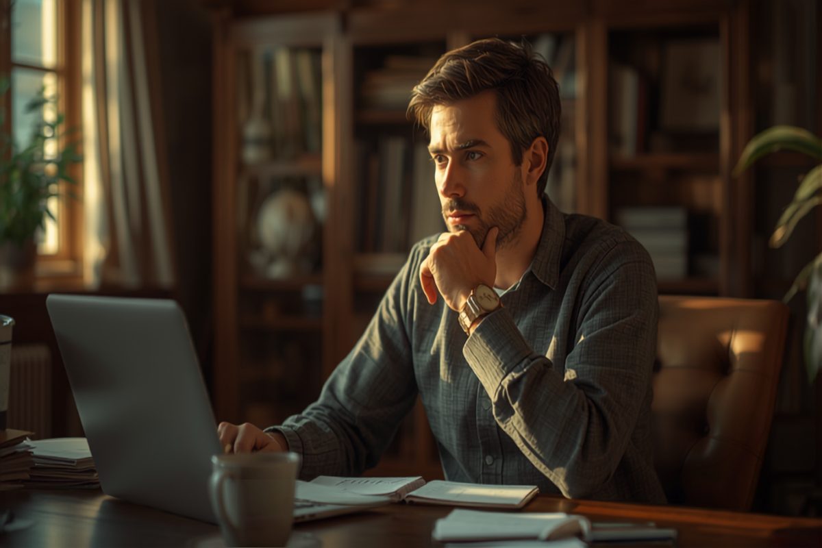 Small business owner pausing thoughtfully at a desk before responding to a request, weighing whether to say yes or no in warm window light